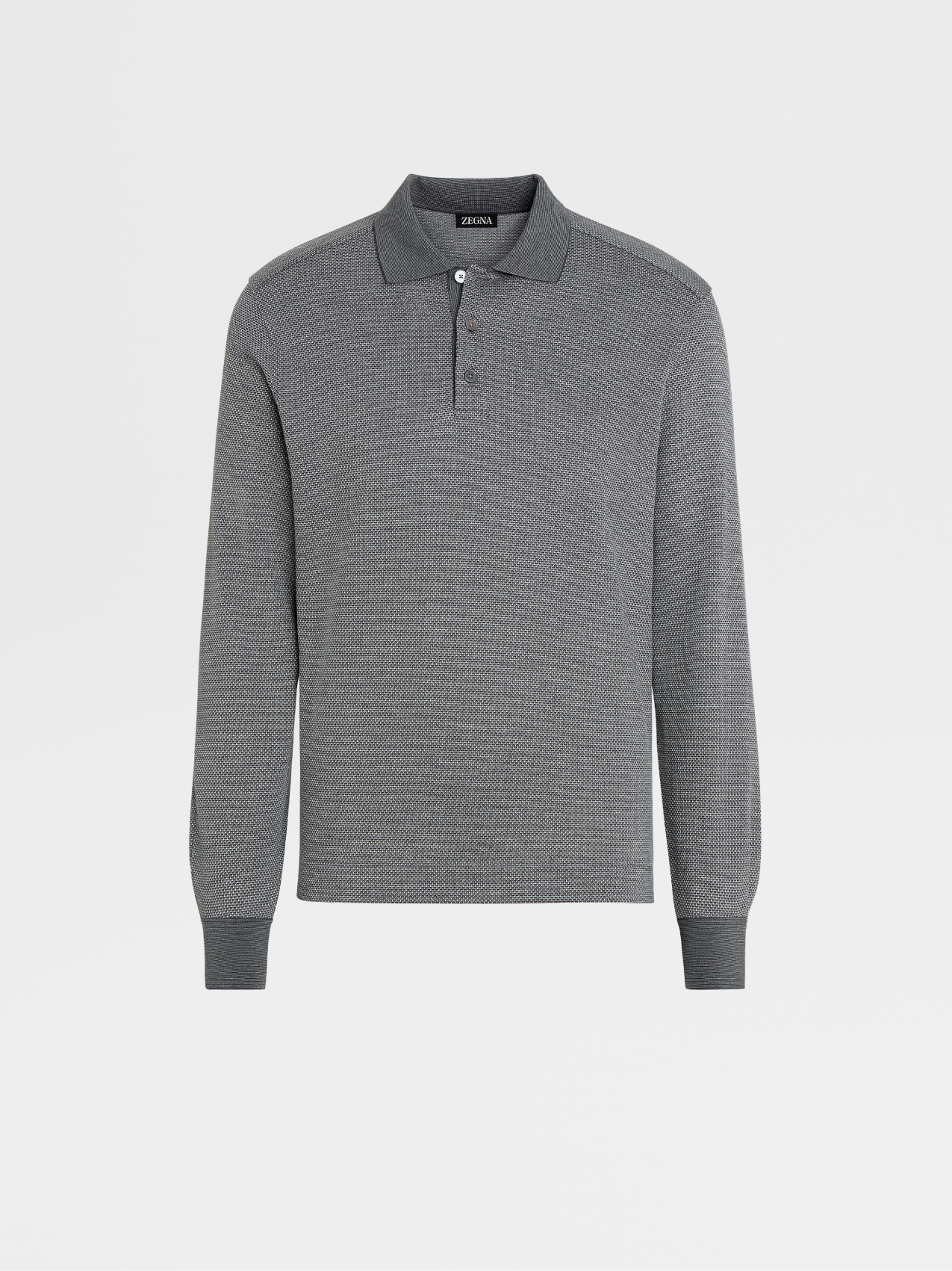 Grey Cotton and Silk Jacquard Long-sleeve Polo